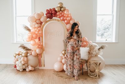 boho baby shower balloon arch floral dress