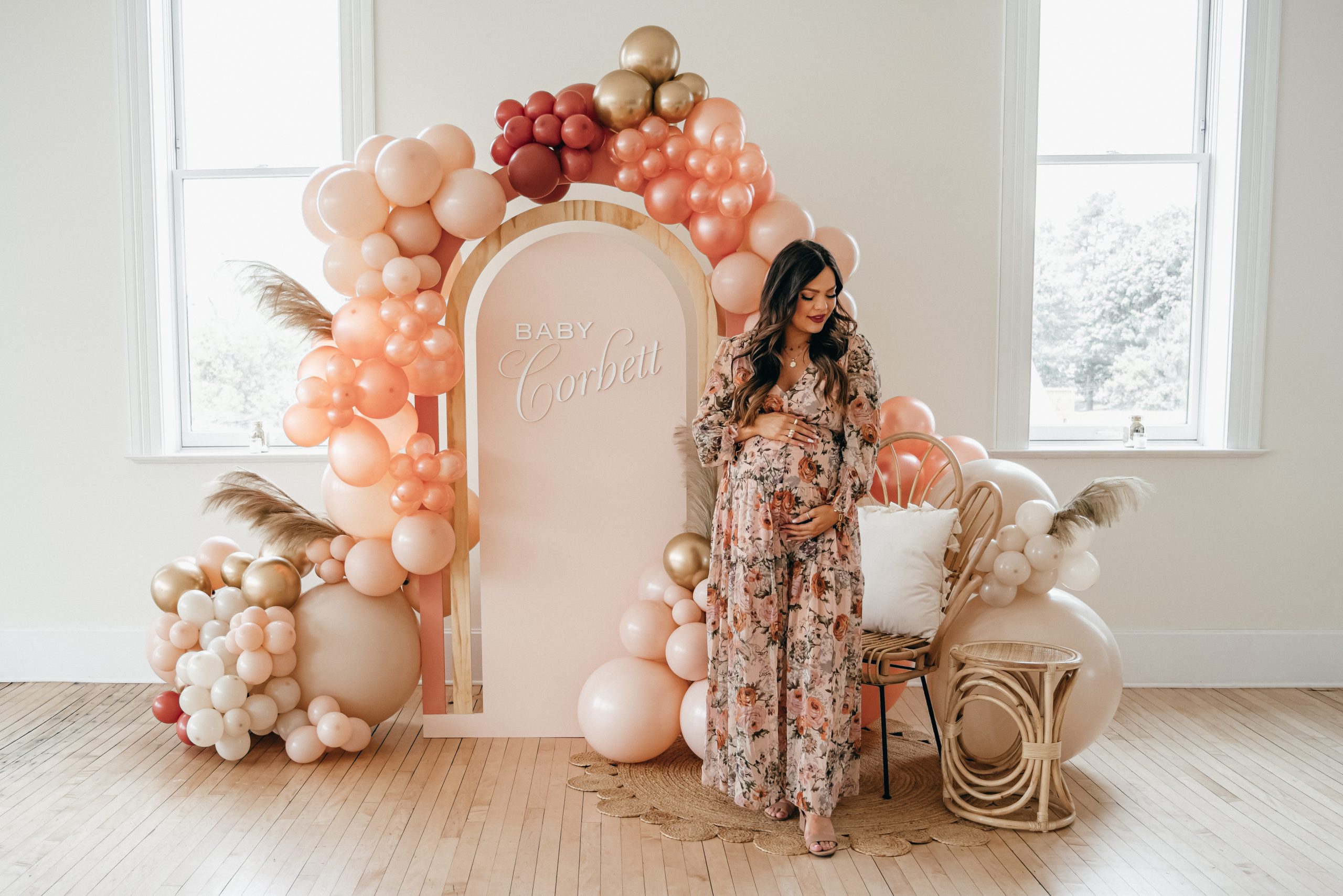 boho baby shower balloon arch floral dress