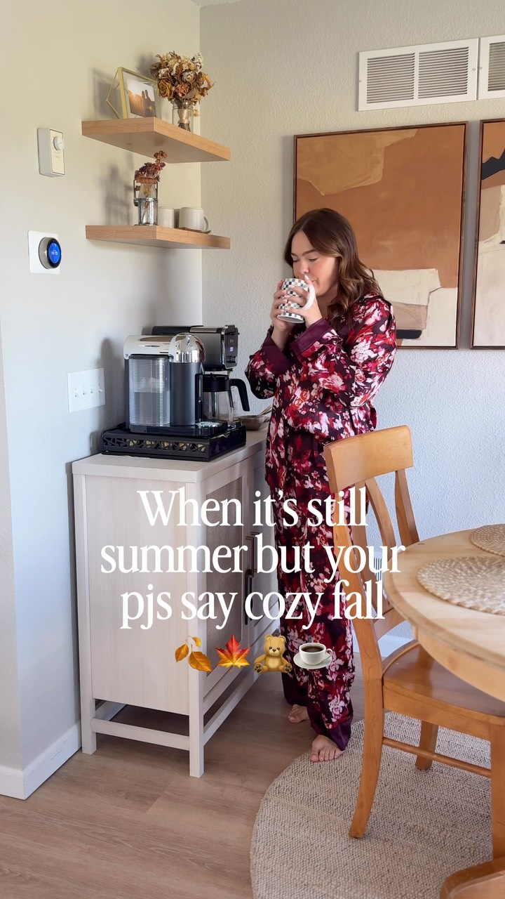 Mother Nature: 85°... Me: It’s fall, actually 🤣 The cutest fall pjs in this satin material // I have them